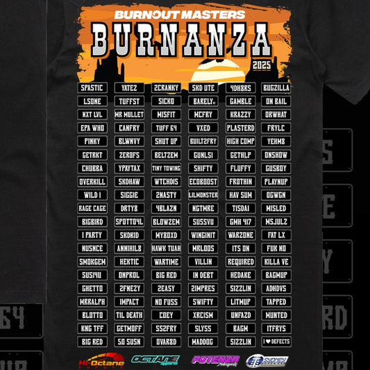 Burnout Masters BURNANZA PLATES Official T-Shirt 2025 ADULTS!